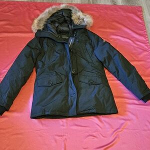 Women's Alessandro Dell'Acqua Dark Navy  Raccoon Fur Hooded Puff Jacket Sz LARGE
